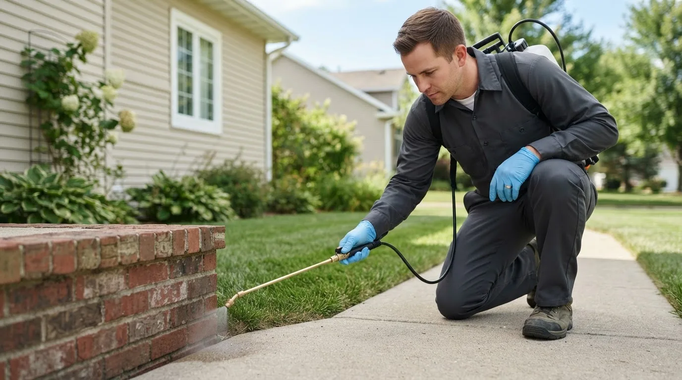 Pest control technician treating a home near Monroe, OK