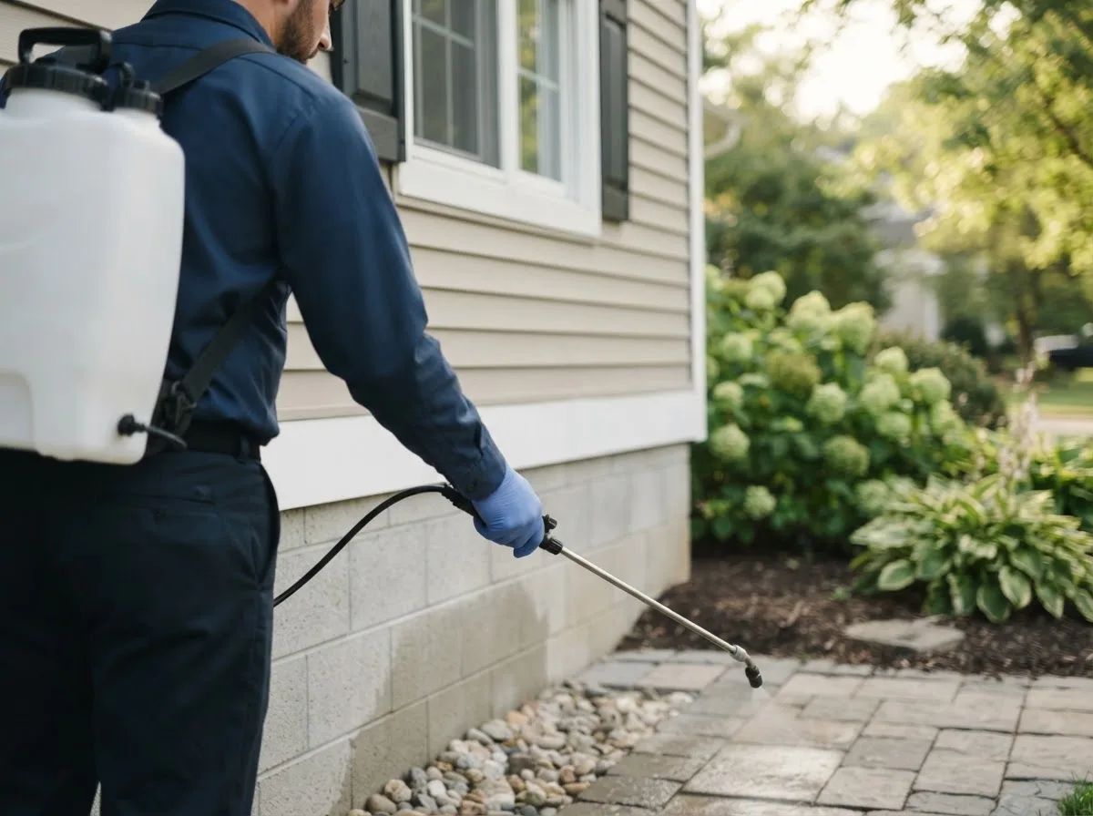 Pest control technician inspecting a home in Monroe, OK